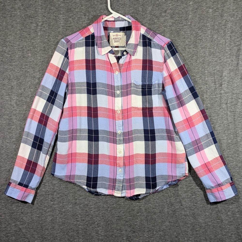 SO Perfect Shirt Womens Large Pink Blue Plaid Rayon Relaxed Button Down Sz Large